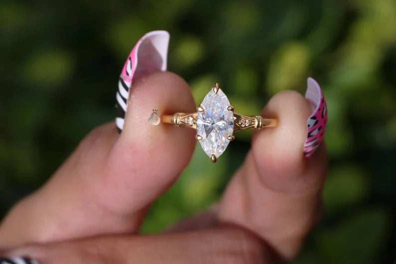 1.4CT Marquise Moissanite Ring, Hidden Halo, 14K Yellow Gold