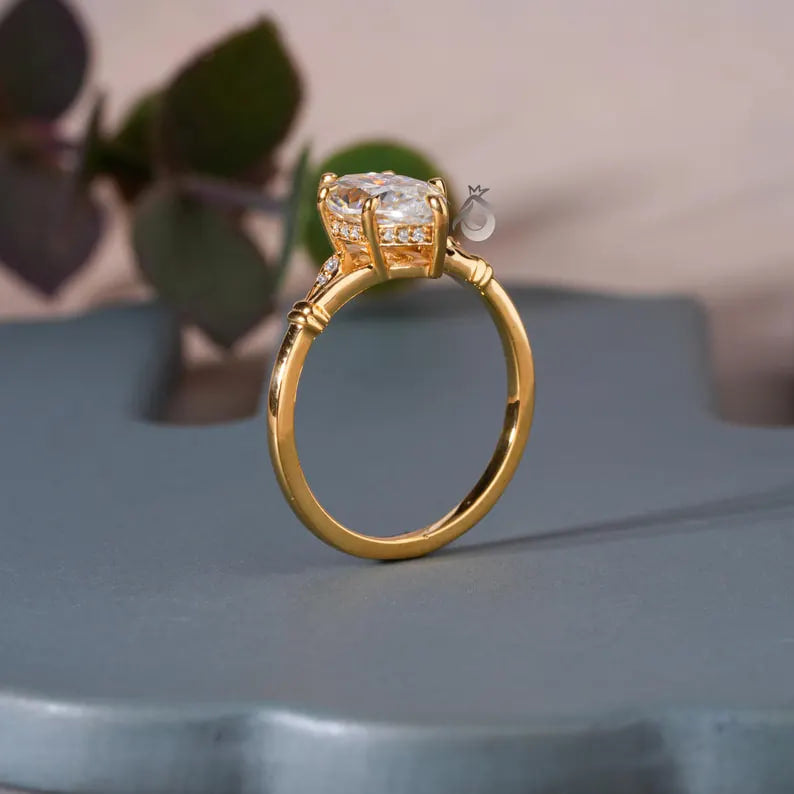 1.4CT Marquise Moissanite Ring, Hidden Halo, 14K Yellow Gold
