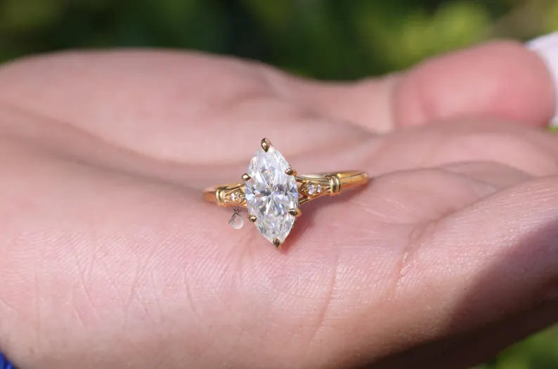 1.4CT Marquise Moissanite Ring, Hidden Halo, 14K Yellow Gold