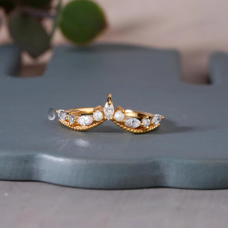 Art Deco Moissanite Curved Wedding Band, Pearl Stacking Tiara Ring, Solid Gold
