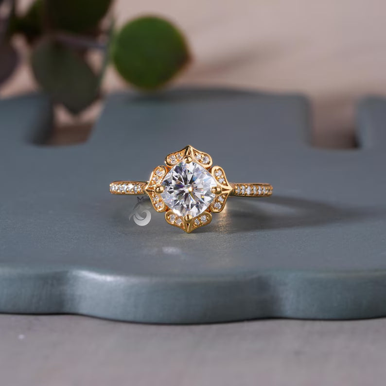 Art Deco 6.5MM Cushion Moissanite Halo Ring, Floral Design, 14K Yellow Gold
