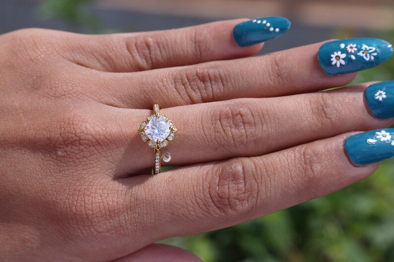 Art Deco 6.5MM Cushion Moissanite Halo Ring, Floral Design, 14K Yellow Gold