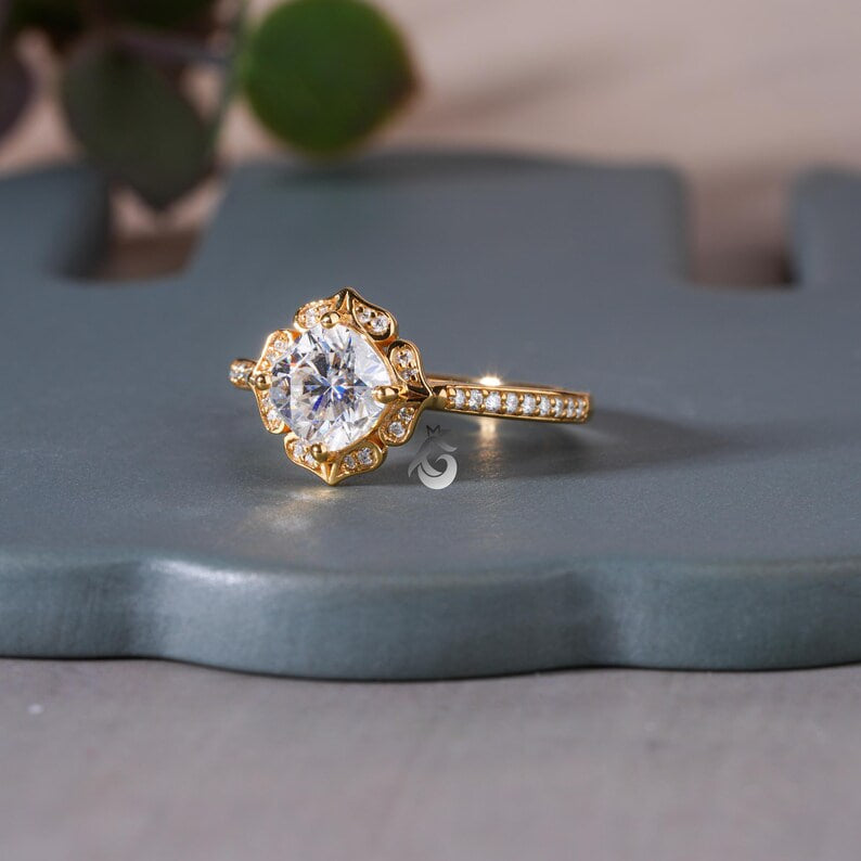 Art Deco 6.5MM Cushion Moissanite Halo Ring, Floral Design, 14K Yellow Gold