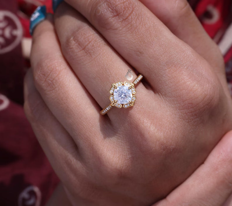 Art Deco 6.5MM Cushion Moissanite Halo Ring, Floral Design, 14K Yellow Gold