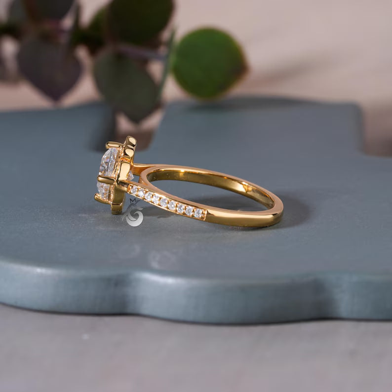 Art Deco 6.5MM Cushion Moissanite Halo Ring, Floral Design, 14K Yellow Gold