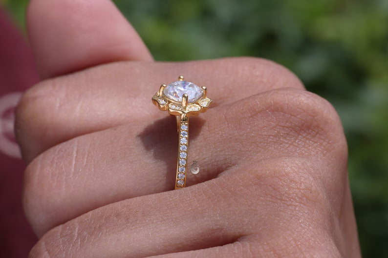 Art Deco 6.5MM Cushion Moissanite Halo Ring, Floral Design, 14K Yellow Gold