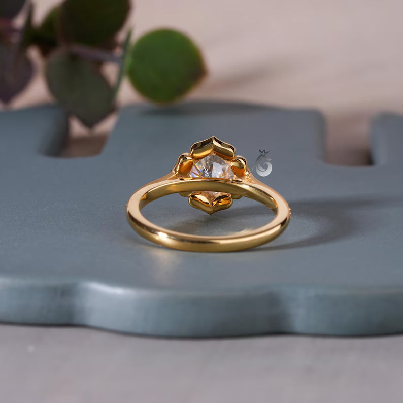 Art Deco 6.5MM Cushion Moissanite Halo Ring, Floral Design, 14K Yellow Gold