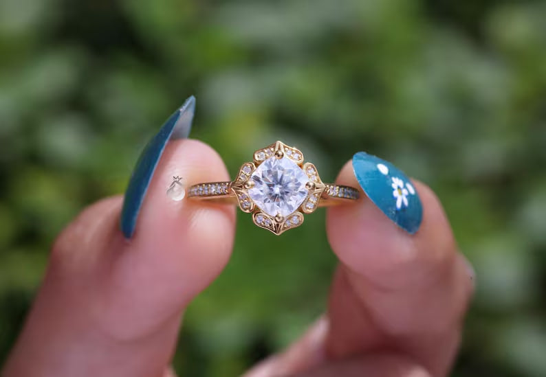 Art Deco 6.5MM Cushion Moissanite Halo Ring, Floral Design, 14K Yellow Gold