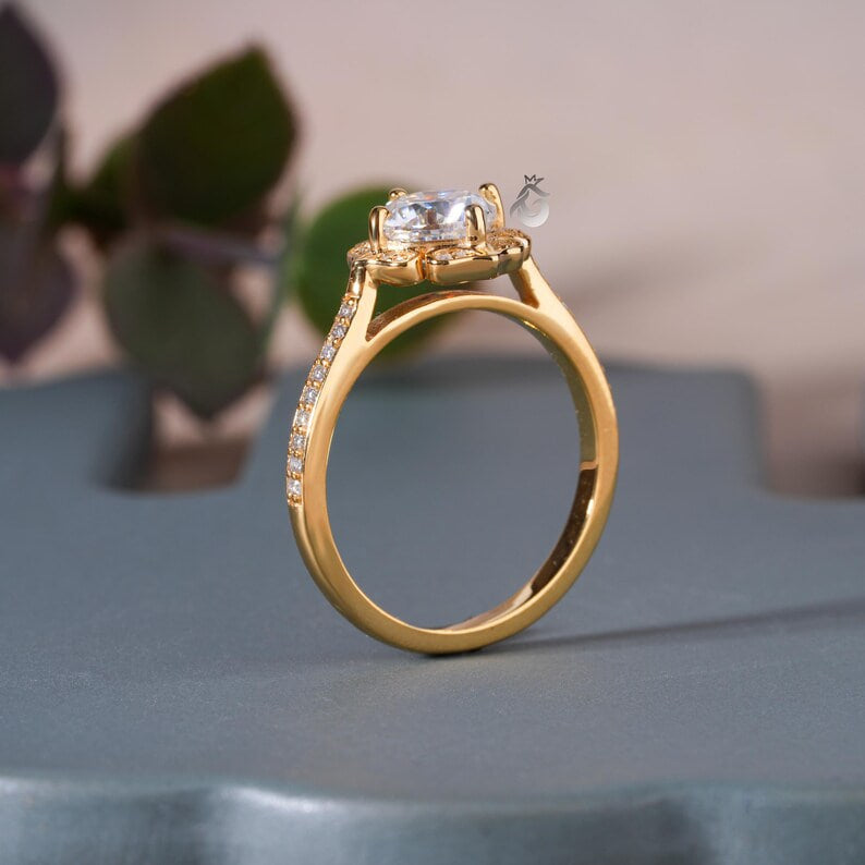 Art Deco 6.5MM Cushion Moissanite Halo Ring, Floral Design, 14K Yellow Gold