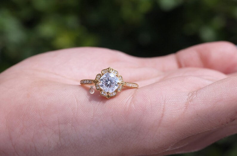 Art Deco 6.5MM Cushion Moissanite Halo Ring, Floral Design, 14K Yellow Gold