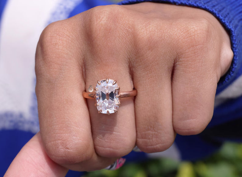 6.4CT Elongated Old Mine Cushion Moissanite Ring, Claw Prong, Rose Gold