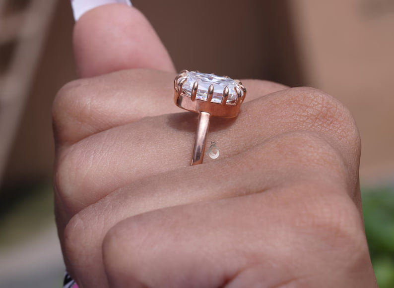 6.4CT Elongated Old Mine Cushion Moissanite Ring, Claw Prong, Rose Gold