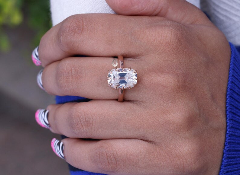 6.4CT Elongated Old Mine Cushion Moissanite Ring, Claw Prong, Rose Gold
