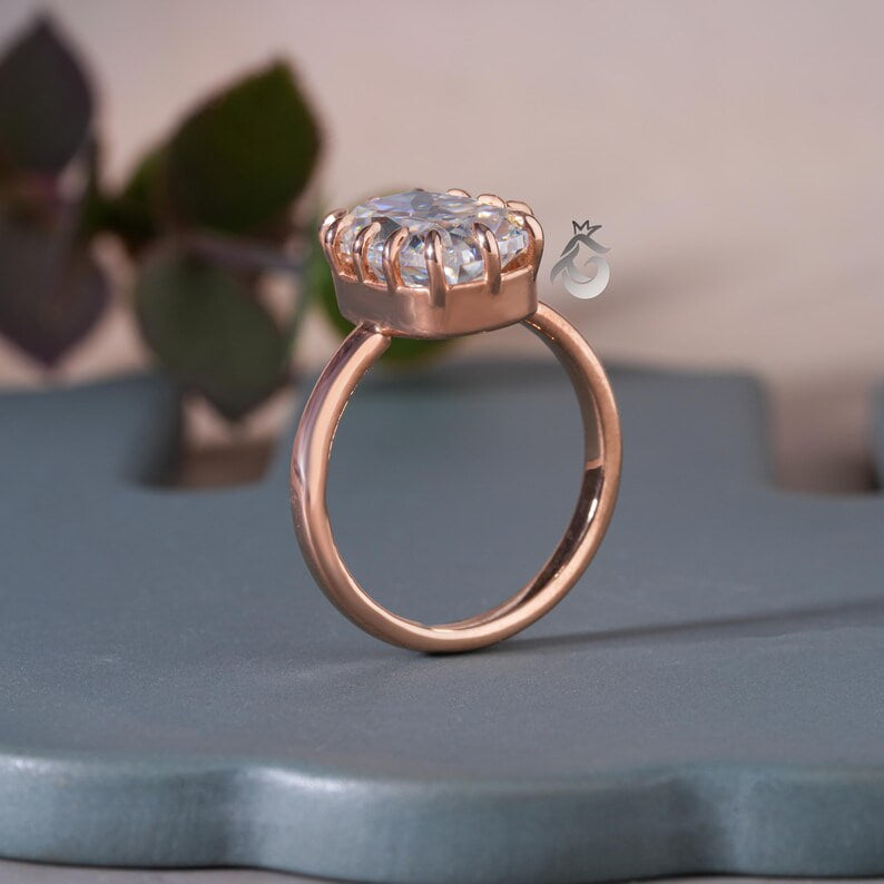 6.4CT Elongated Old Mine Cushion Moissanite Ring, Claw Prong, Rose Gold