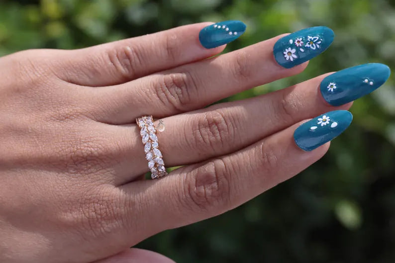 Double Row Marquise Moissanite Eternity Band, 14K Rose Gold Stacking Ring