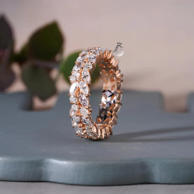 Double Row Marquise Moissanite Eternity Band, 14K Rose Gold Stacking Ring