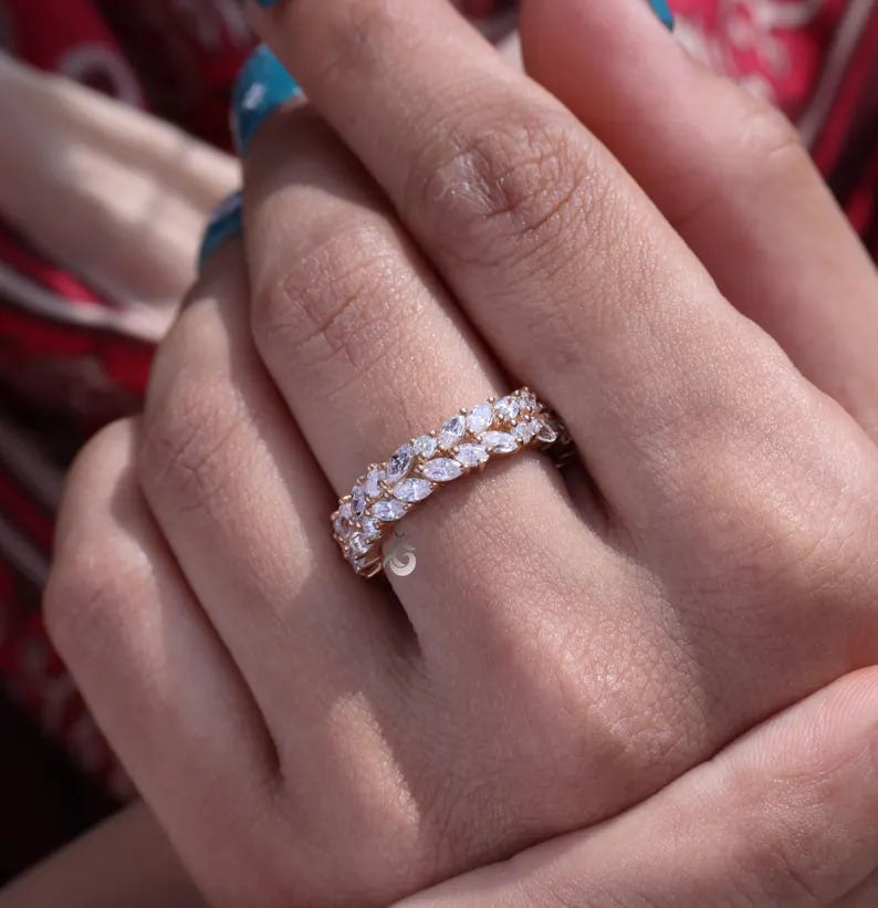 Double Row Marquise Moissanite Eternity Band, 14K Rose Gold Stacking Ring