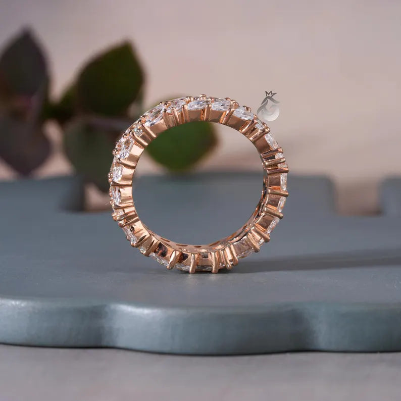 Double Row Marquise Moissanite Eternity Band, 14K Rose Gold Stacking Ring