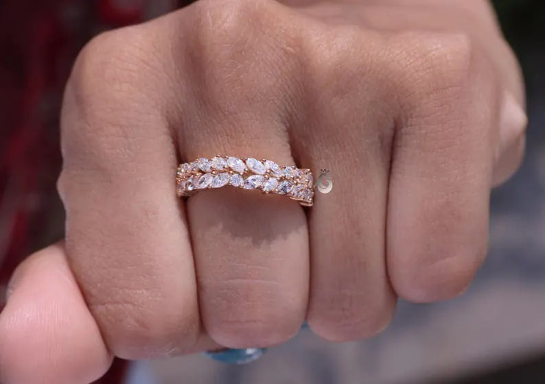 Double Row Marquise Moissanite Eternity Band, 14K Rose Gold Stacking Ring
