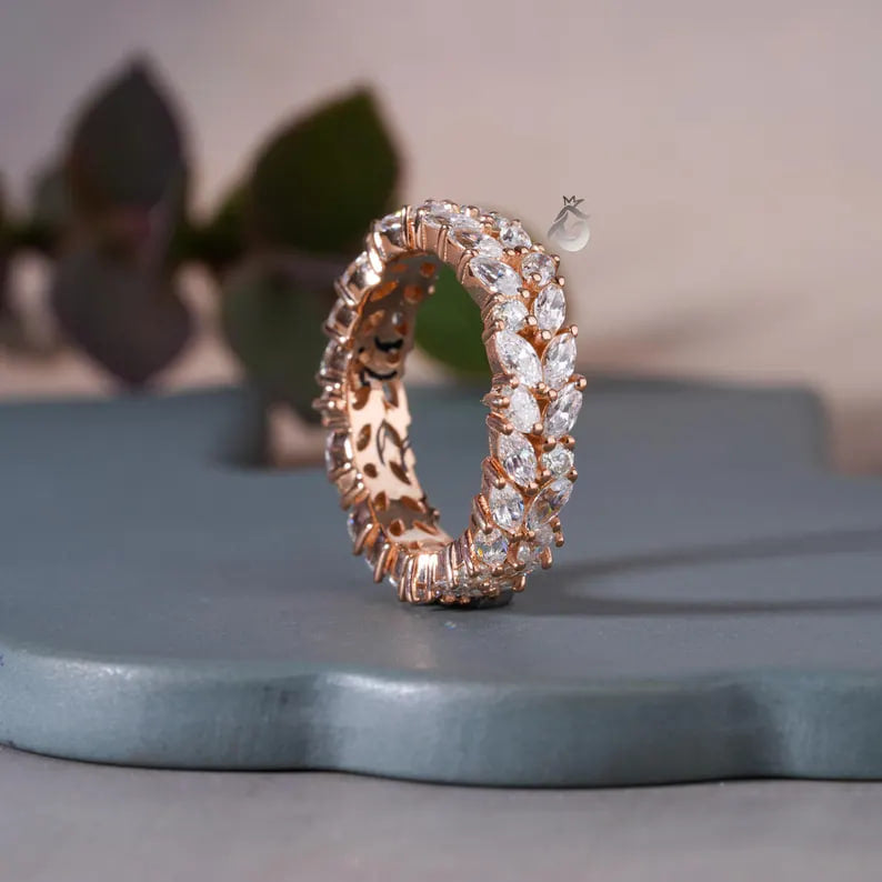 Double Row Marquise Moissanite Eternity Band, 14K Rose Gold Stacking Ring