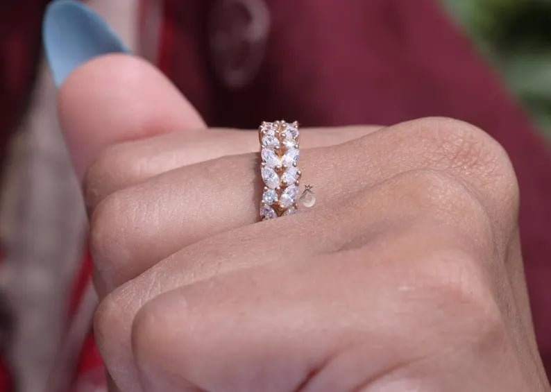 Double Row Marquise Moissanite Eternity Band, 14K Rose Gold Stacking Ring