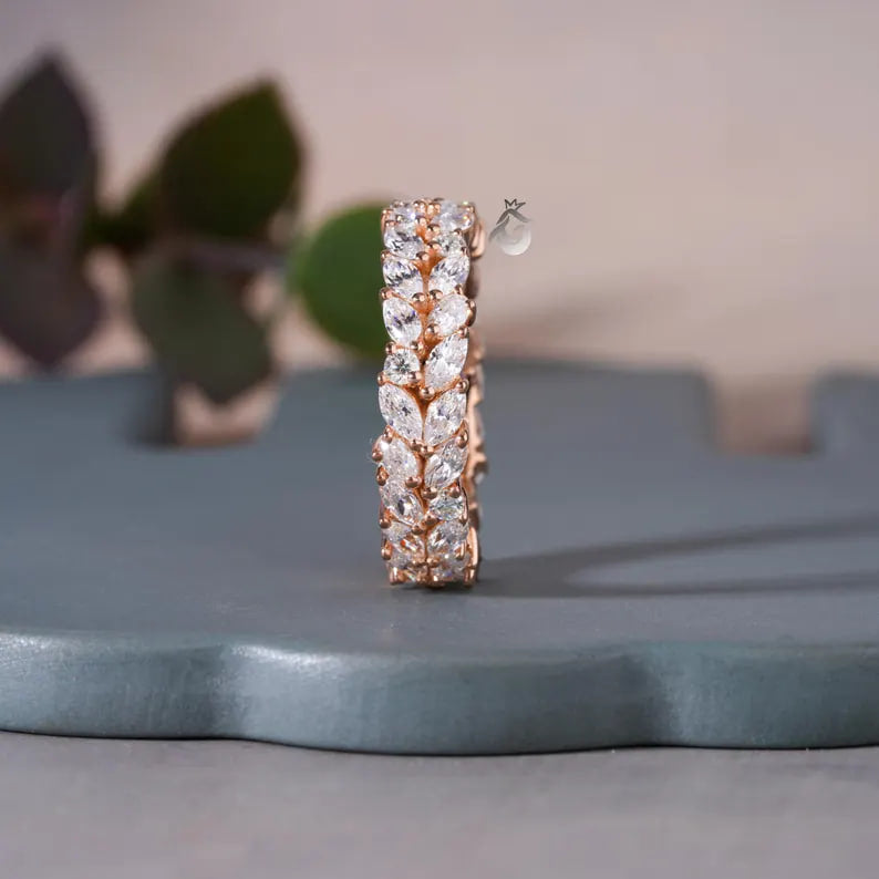 Double Row Marquise Moissanite Eternity Band, 14K Rose Gold Stacking Ring
