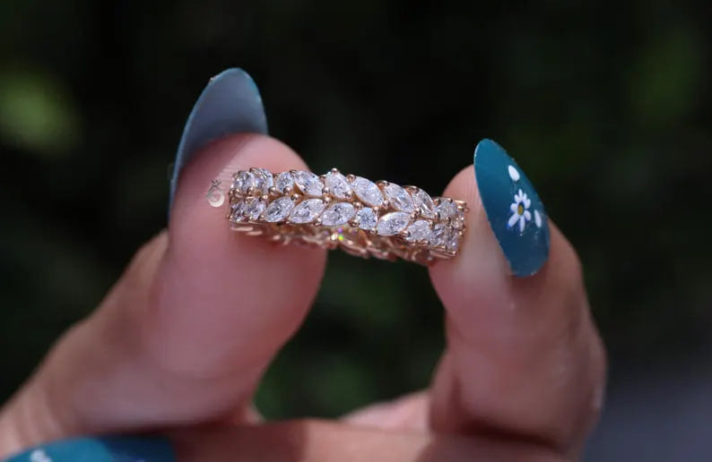 Double Row Marquise Moissanite Eternity Band, 14K Rose Gold Stacking Ring