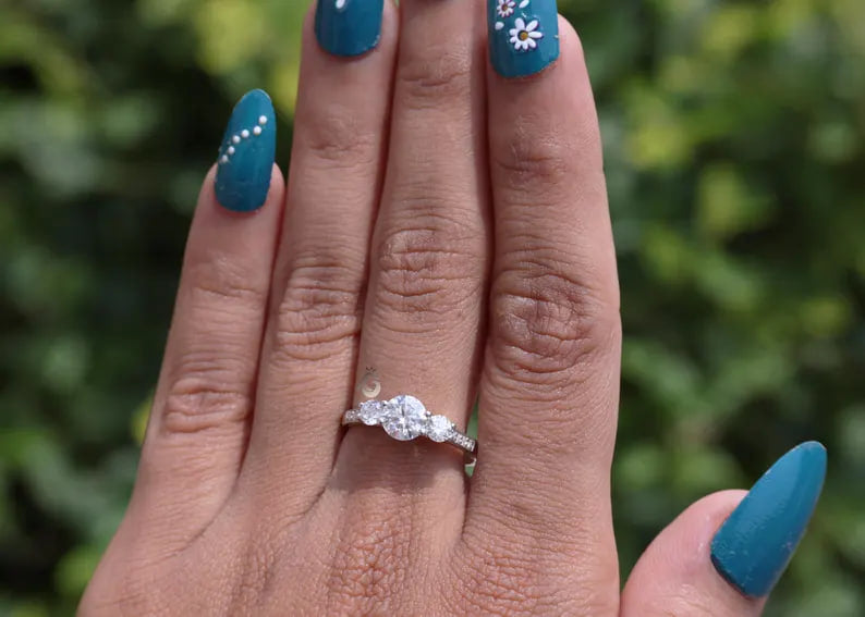 1.10CT Round Moissanite Three-Stone Ring, Side Stones, 14K White Gold