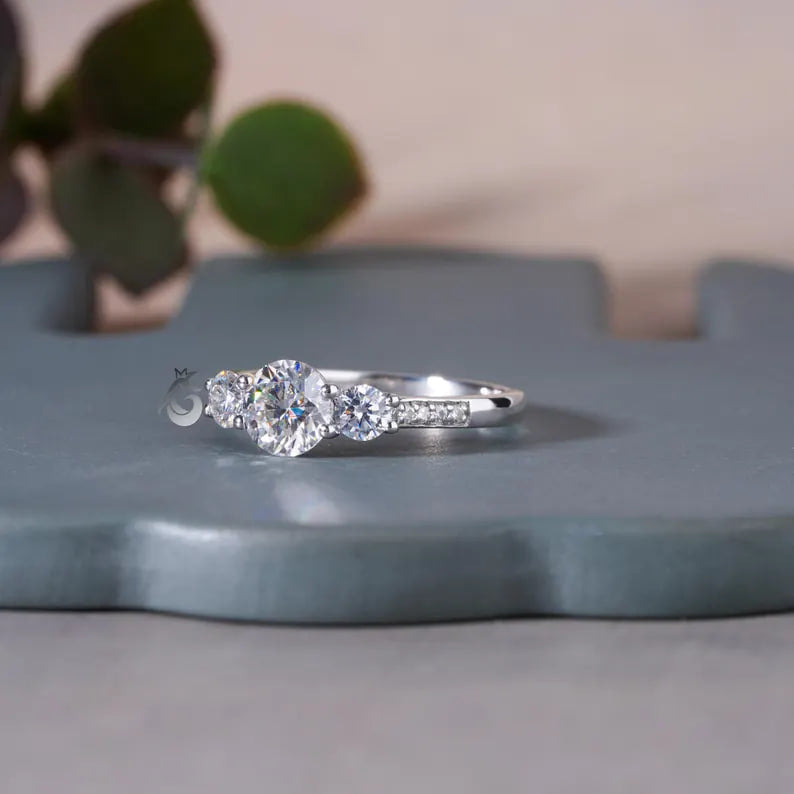 1.10CT Round Moissanite Three-Stone Ring, Side Stones, 14K White Gold