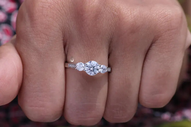 1.10CT Round Moissanite Three-Stone Ring, Side Stones, 14K White Gold