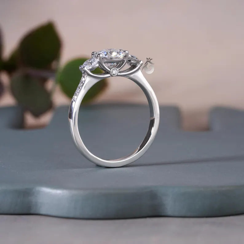 1.10CT Round Moissanite Three-Stone Ring, Side Stones, 14K White Gold
