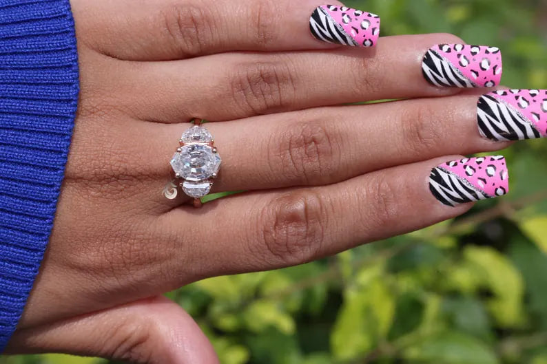 Antique Old Mine Oval Moissanite Three-Stone Ring, Half Moon Side Stones