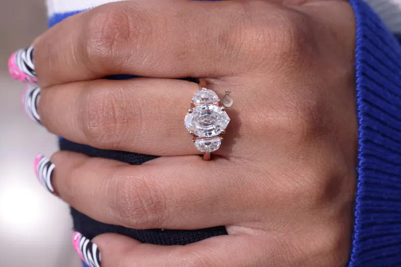 Antique Old Mine Oval Moissanite Three-Stone Ring, Half Moon Side Stones