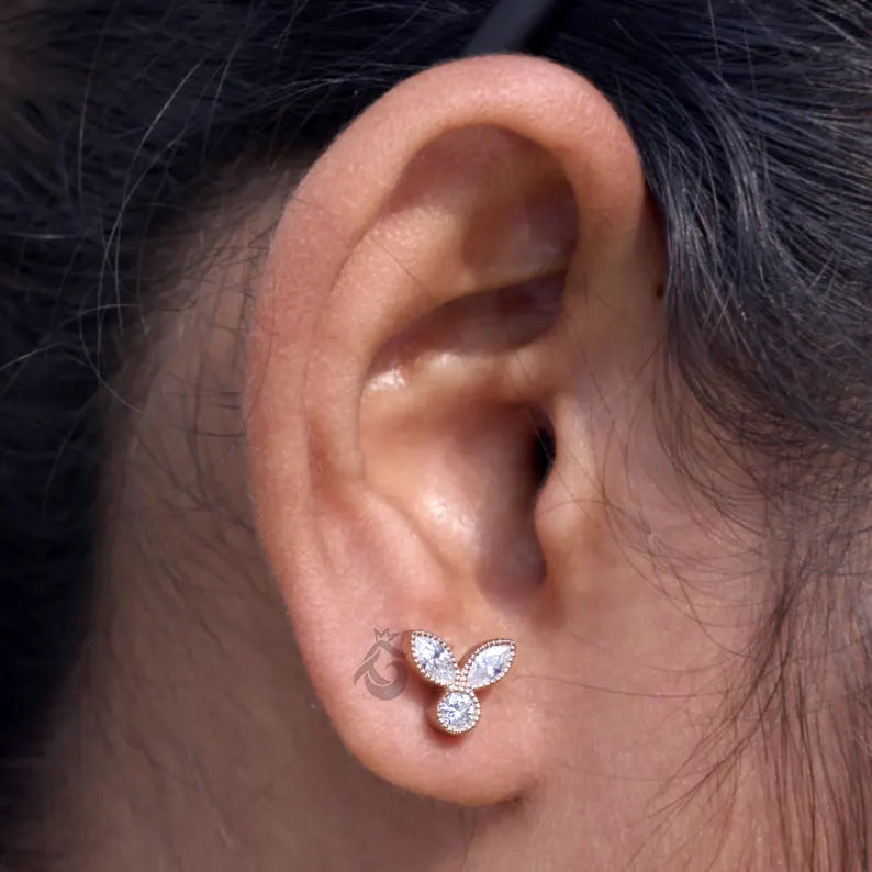 Leaf Shape Mil grain Moissanite Stud Earrings, 0.30TCW Marquise & Round Cut