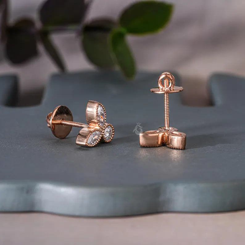 Leaf Shape Mil grain Moissanite Stud Earrings, 0.30TCW Marquise & Round Cut