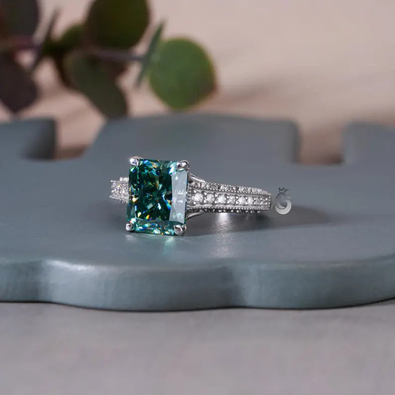Art Deco 3.8CT Blue Green Radiant Moissanite Ring, 3-Sided Pave, 14K White Gold