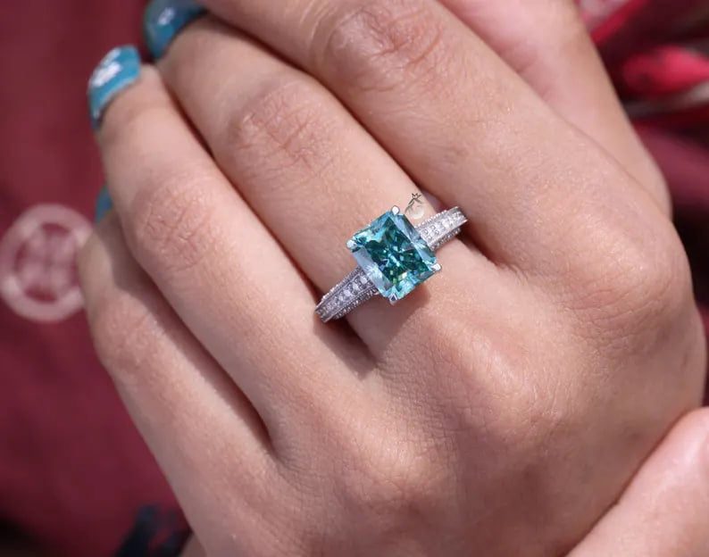 Art Deco 3.8CT Blue Green Radiant Moissanite Ring, 3-Sided Pave, 14K White Gold