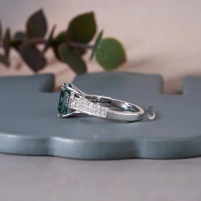 Art Deco 3.8CT Blue Green Radiant Moissanite Ring, 3-Sided Pave, 14K White Gold