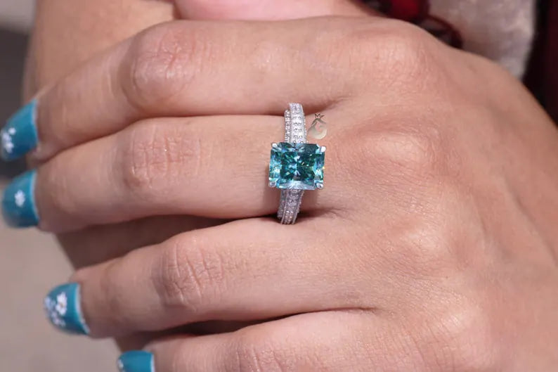 Art Deco 3.8CT Blue Green Radiant Moissanite Ring, 3-Sided Pave, 14K White Gold