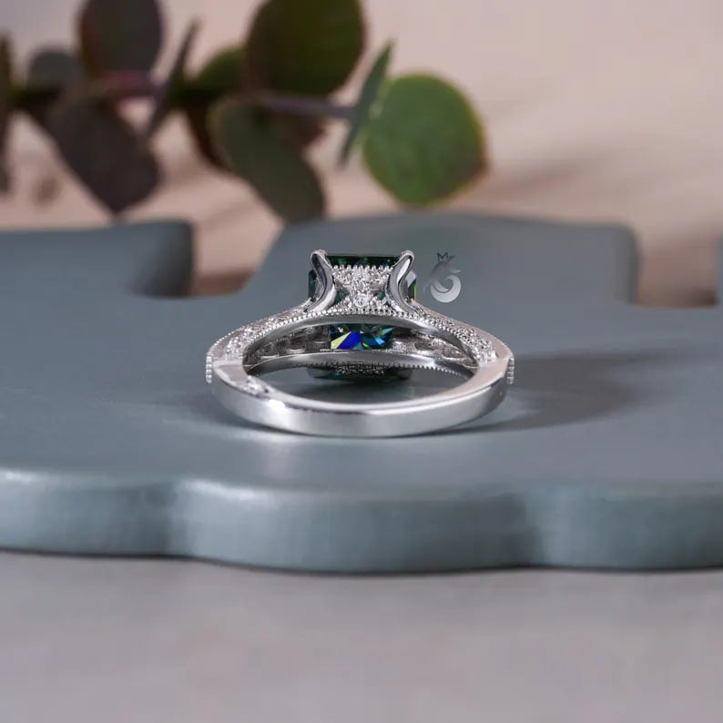 Art Deco 3.8CT Blue Green Radiant Moissanite Ring, 3-Sided Pave, 14K White Gold