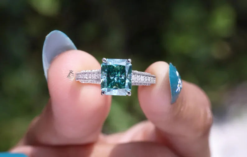 Art Deco 3.8CT Blue Green Radiant Moissanite Ring, 3-Sided Pave, 14K White Gold