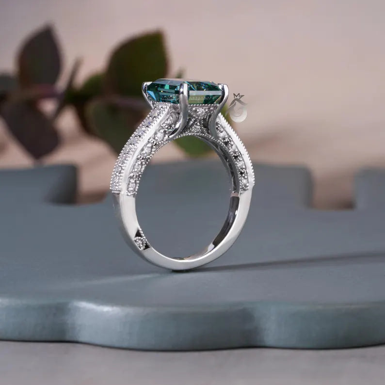 Art Deco 3.8CT Blue Green Radiant Moissanite Ring, 3-Sided Pave, 14K White Gold
