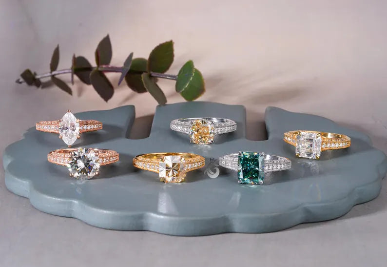 Art Deco 3.8CT Blue Green Radiant Moissanite Ring, 3-Sided Pave, 14K White Gold
