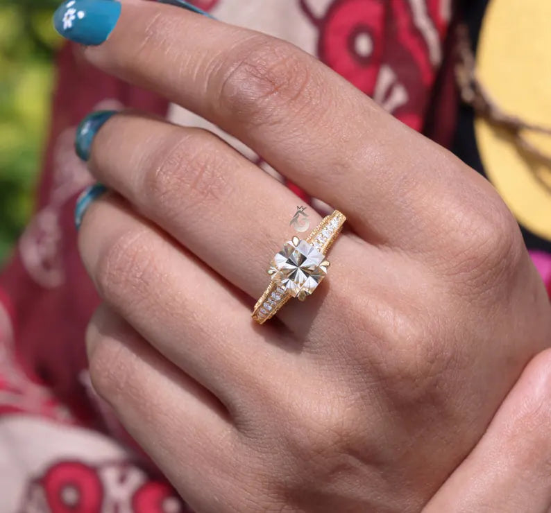Tacori Style Fancy Cut Champagne Diamond Ring, 18K Yellow Gold Pave Setting