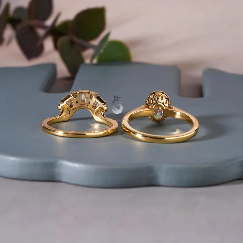 Vintage Oval Moissanite Bridal Ring Set, 18K Yellow Gold Curved Band