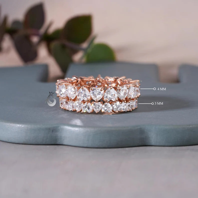 Heart Cut Moissanite Eternity Band, 14K Rose Gold Stackable Ring