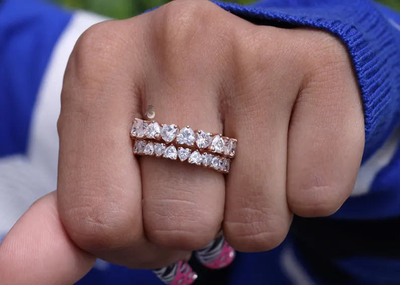 Heart Cut Moissanite Eternity Band, 14K Rose Gold Stackable Ring