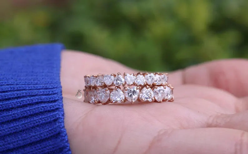 Heart Cut Moissanite Eternity Band, 14K Rose Gold Stackable Ring