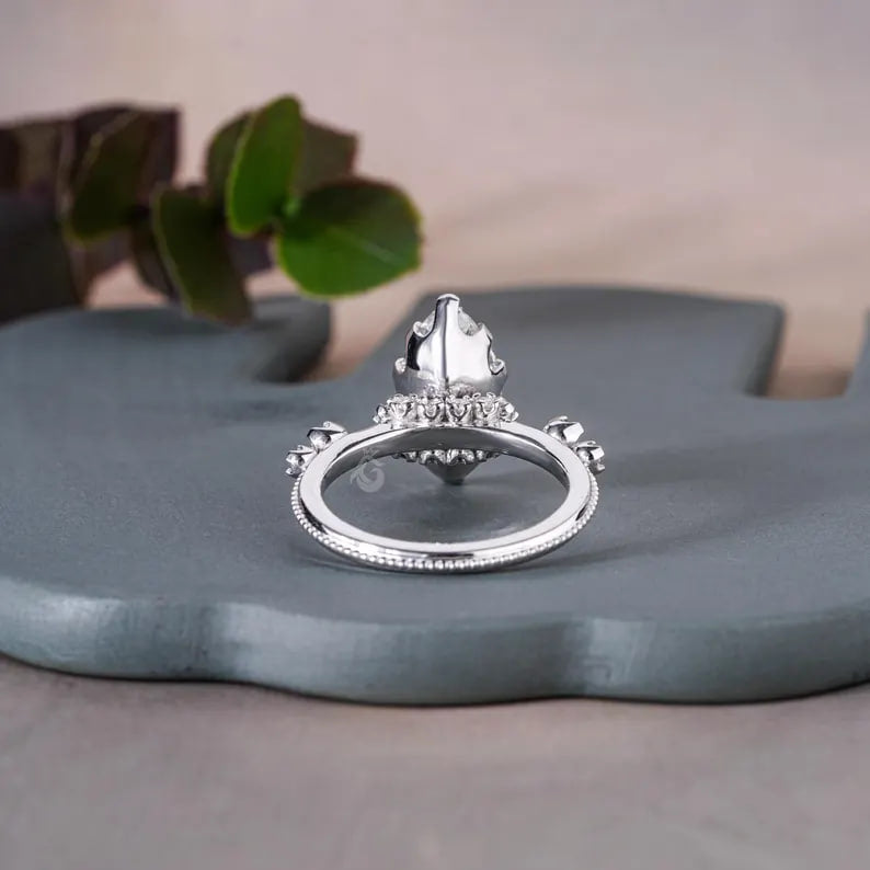 Marquise Lab Grown Diamond Engagement Ring, Vintage Hidden Halo Design
