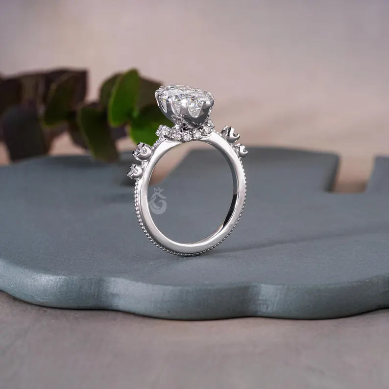 Marquise Lab Grown Diamond Engagement Ring, Vintage Hidden Halo Design
